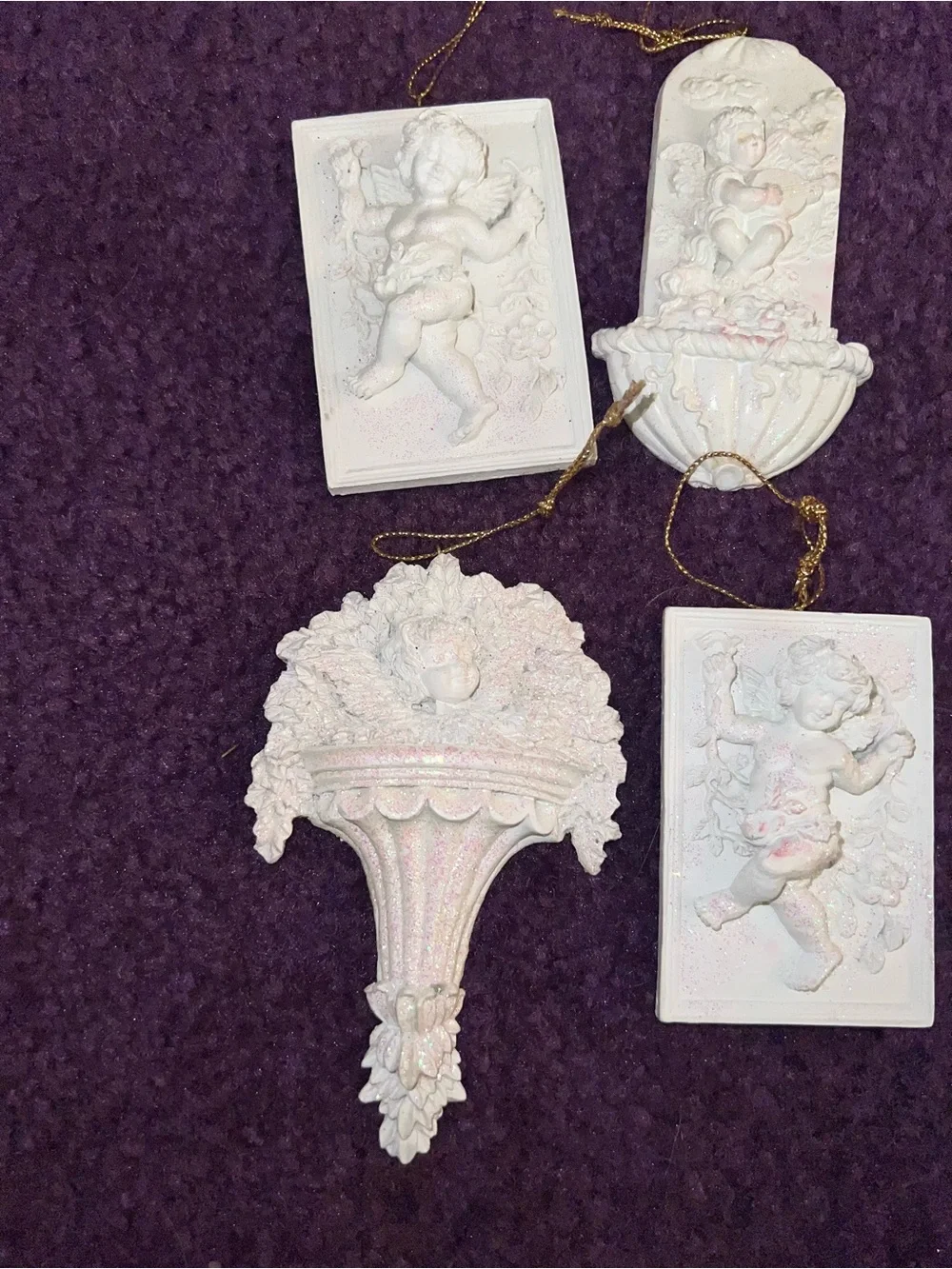 Vintage Baroque Ceramic Cherub Angel Holiday Christmas Ornaments White Glitter